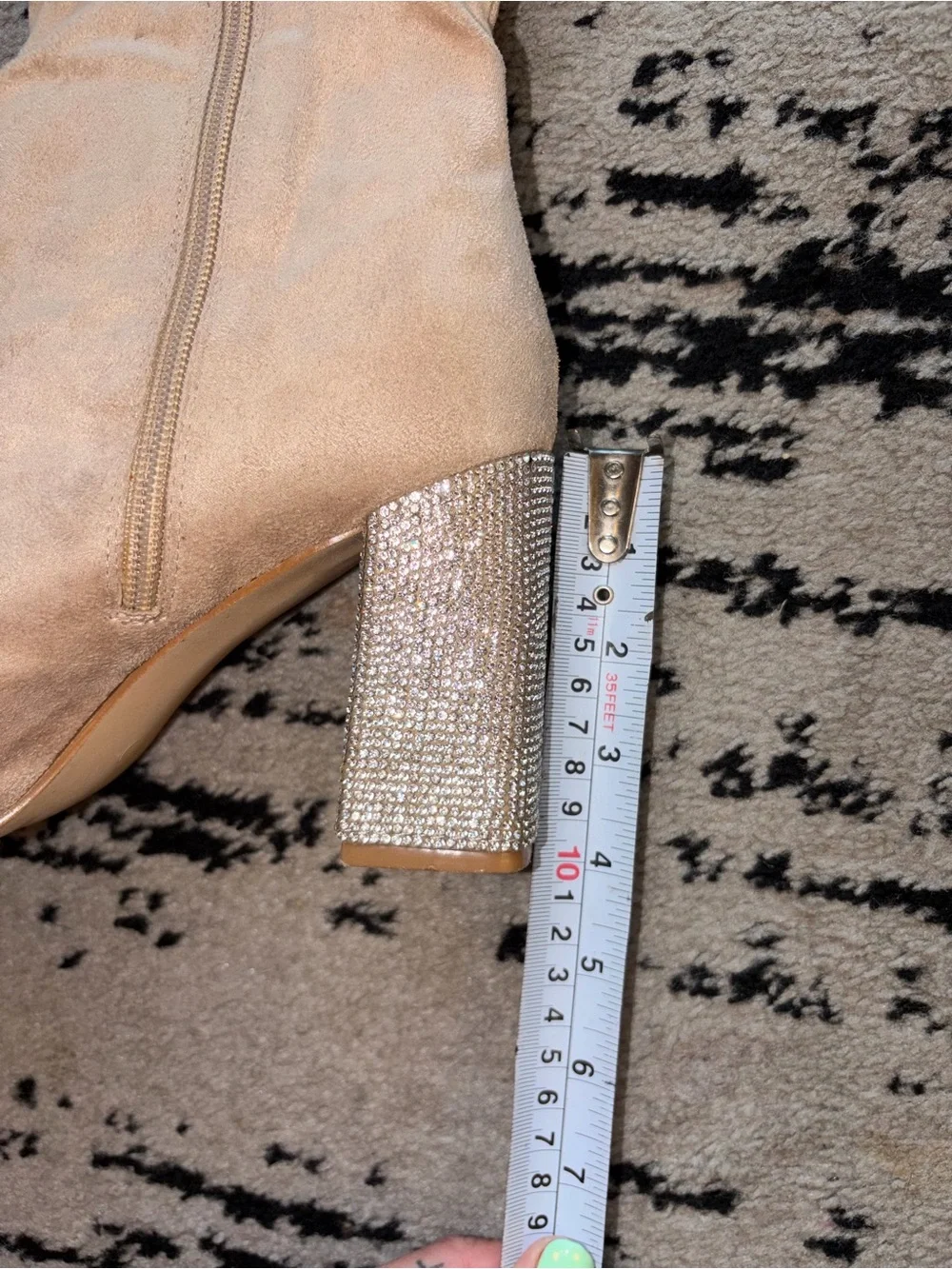 Over-the-Knee Slouchy Velvet Boots in Champagne with Sparkly Rhinestone Heel